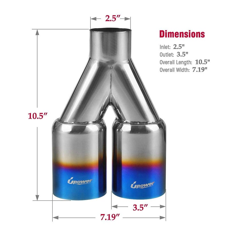 Upower Dual Exhaust Tip 2.5 Inch Inlet 3.5 Inch Outlet 2.5" to 3.5" Diesel Exhaust Tailpipe Blue Burnt 304 Polished Stainless Steel 10.5" Long Weld-on Exhaust Tail Pipe Pack of 2 - Image 3